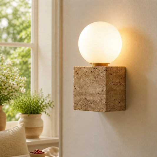 Sage Earthy LED Travertine Cube Wall Lamp