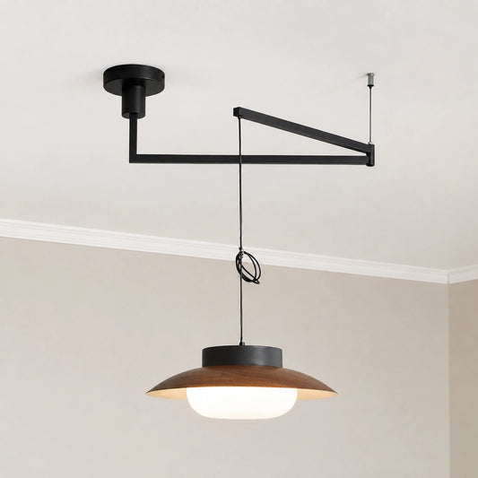 Simma Modern Wood Metal Opal Glass Swing Arm Pendant Light