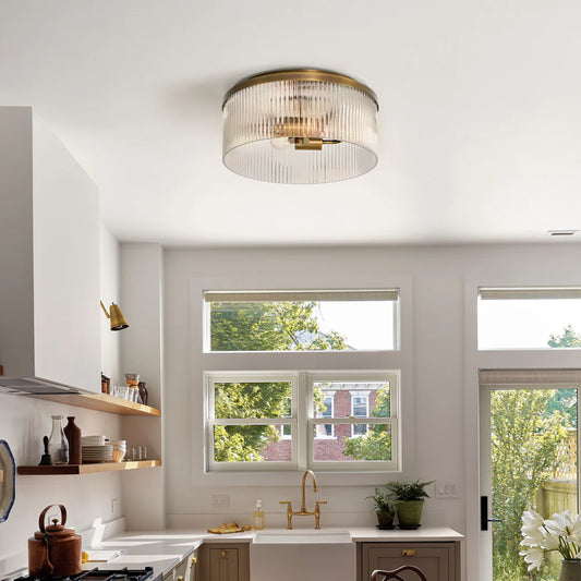 Rustic Farmhouse Round Ribbed Glass Ceiling Light