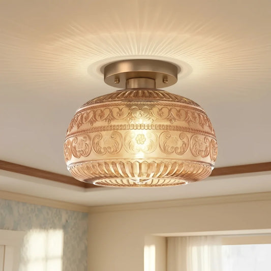 Vintage Decorative Engraved Glass Ceiling Light