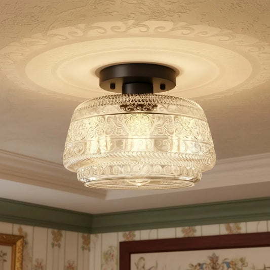 Vintage Pattern Glass Flush Ceiling Light