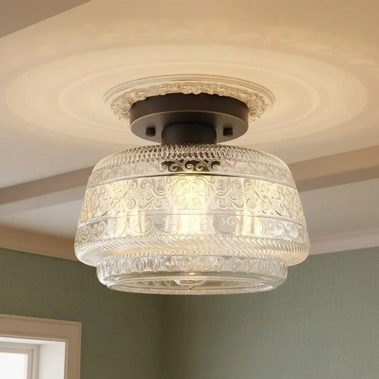 Vintage Pattern Glass Flush Ceiling Light
