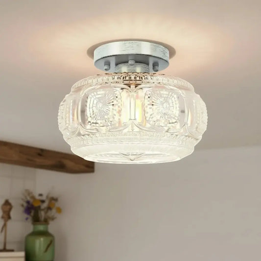 Vintage Pattern Glass Round Semi Ceiling Light