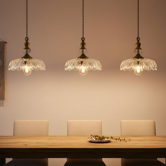 Vintage Clear Glass Flower Brass Pendant Light for Kitchen Island