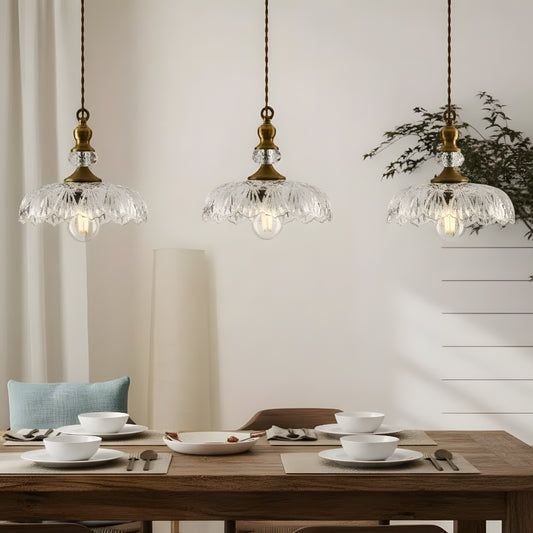 Vintage Clear Glass Flower Brass Pendant Light for Kitchen Island