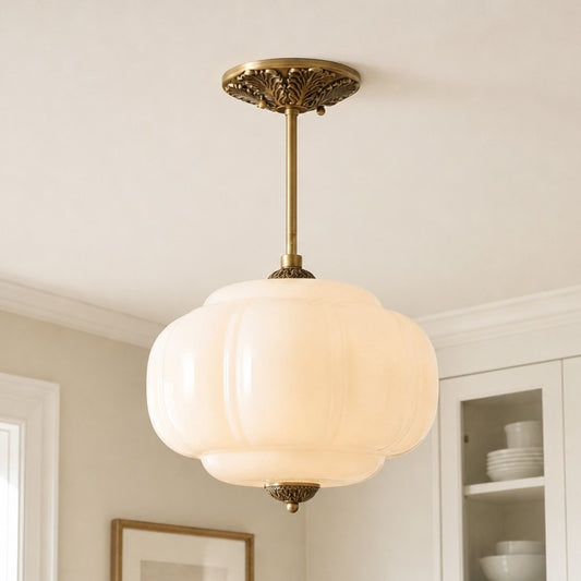 Wrene Vintage Scallop Milk Glass Semi-Flush Pendant Light