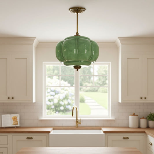 Vintage Eloise Milk Glass Pumpkin Semi-Flush Mount Pendant Light