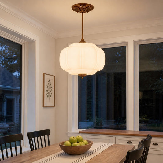 Wrene Vintage Scallop Milk Glass Semi-Flush Pendant Light