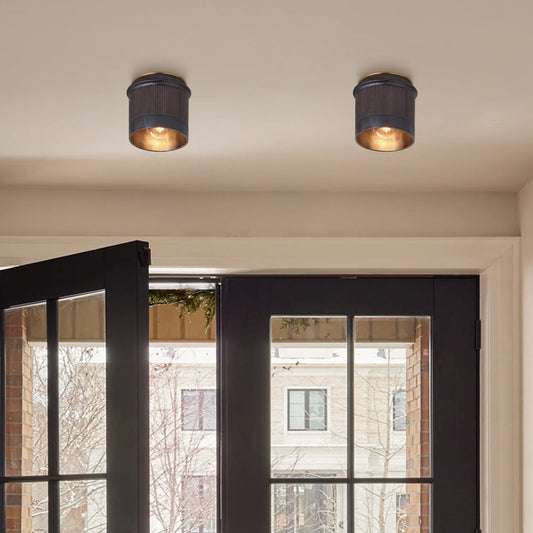 Vintage Rustic Black Metal Industrial Flush Mount Ceiling Light