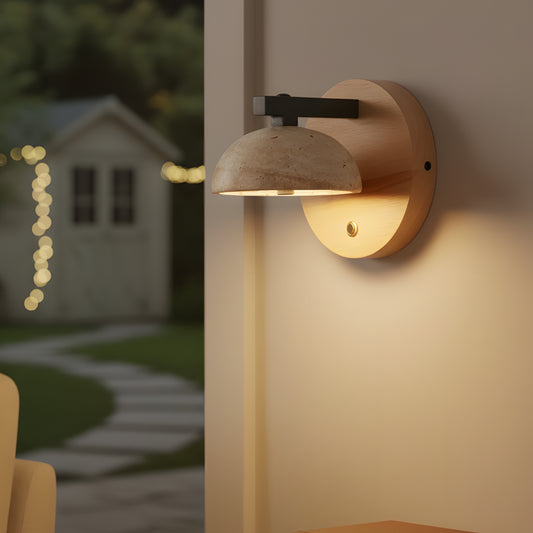 Vintage Wabi-Sabi Travertine Wood and Stone Wall Sconce