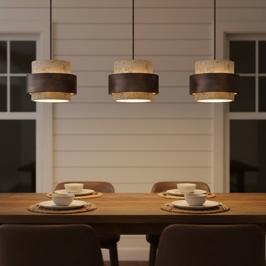 Wabi-Sabi Cylindrical Travertine Wood and Stone Pendant Light