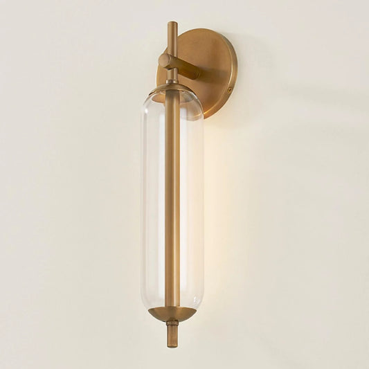 Zev Modern Brass Vertical Tube Clear Glass Wall Sconce