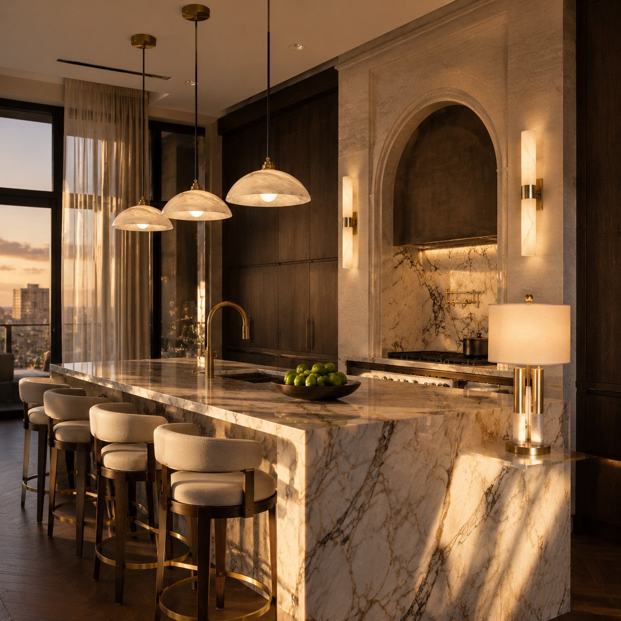 Warm contemporary kitchen illuminated by alabaster lighting