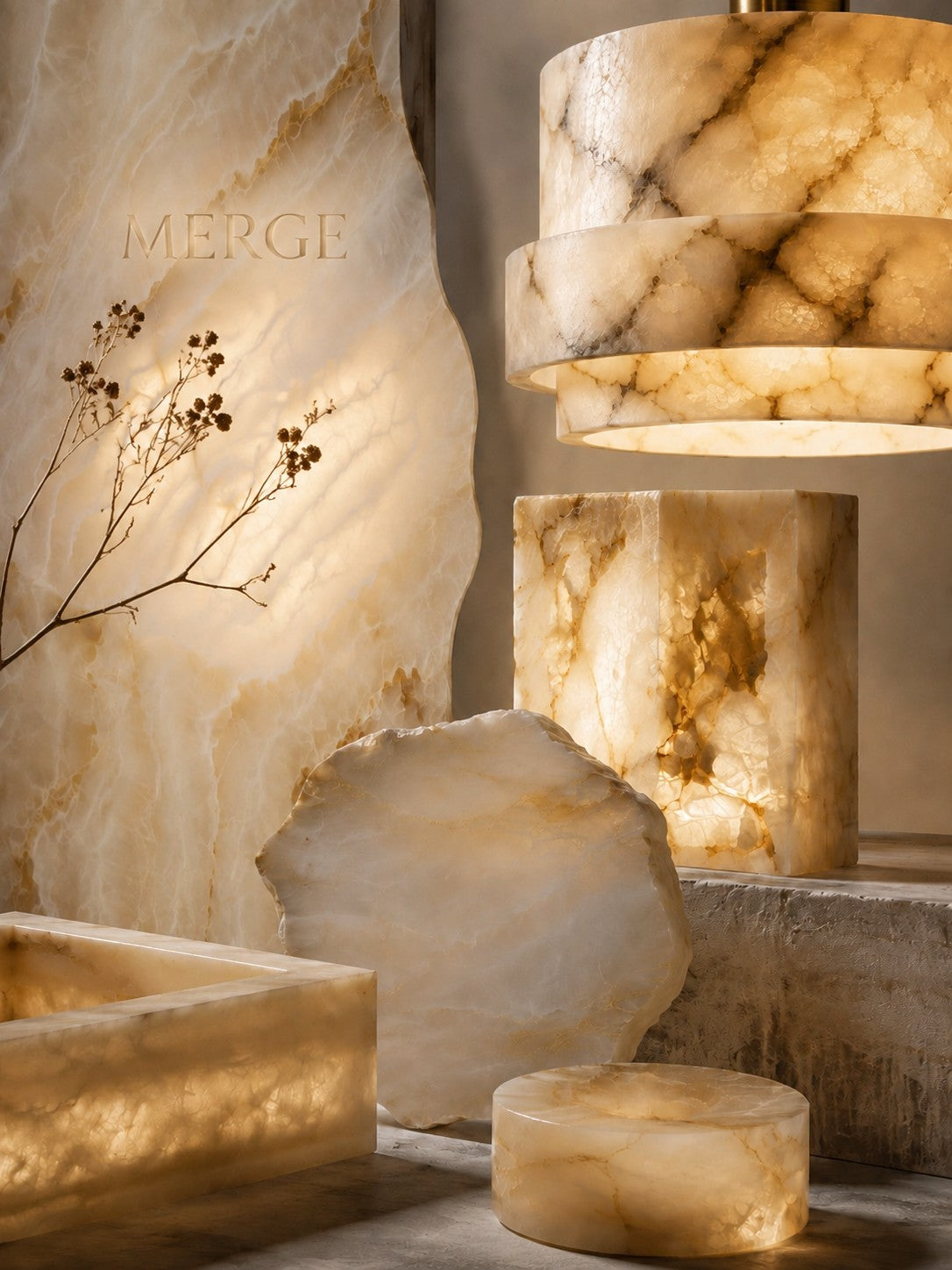 Alabaster material study showing translucent stone panels and illuminated carved forms