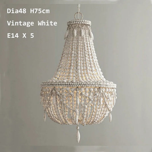 Retro Industrial Wood Pendant Light Gray White Wood Bead Nordic Lamp
