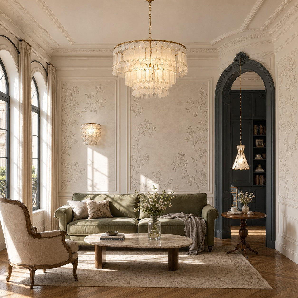 Elegant living room with layered Capiz shell lighting
