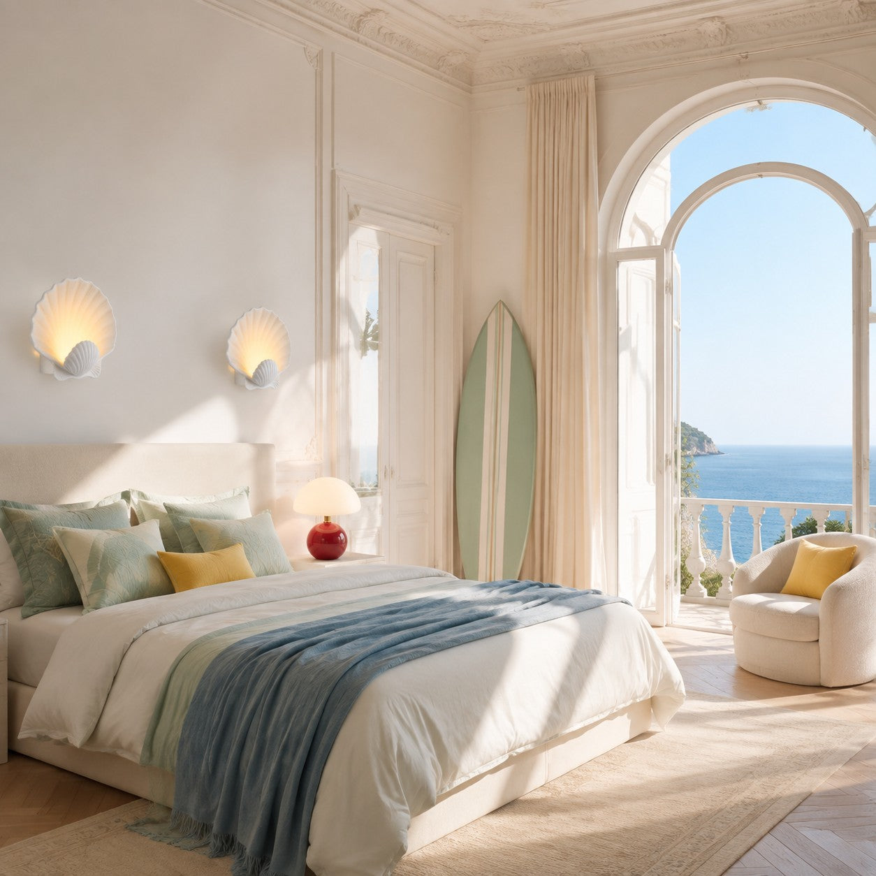 Bright coastal bedroom with sculptural ceramic shell wall lights