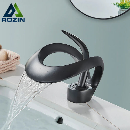Black Basin Faucet Grey Waterfall Mixer Tap Hot Cold Modern Brass Deck Mount