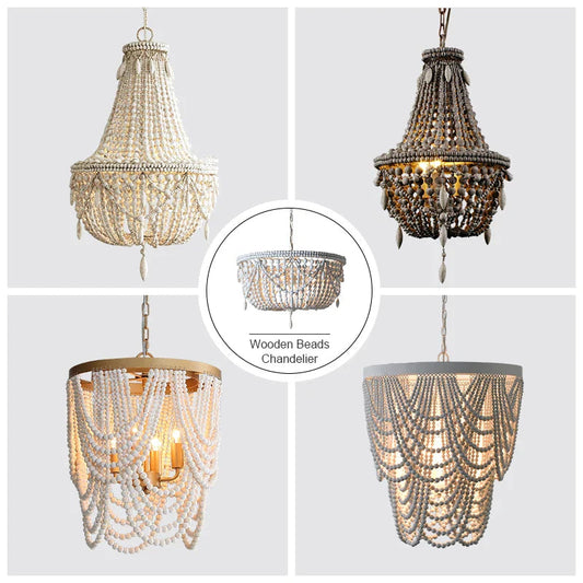 French Country Wood Bead Chandelier: 3/5 Lights Princess Decorative Hanging Fixture