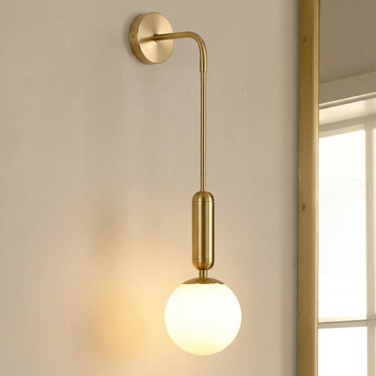 Dangling Milky Glass Globe LED Wall Light with Brushed Brass Lamp Fixture in Mid-Century Modern Style