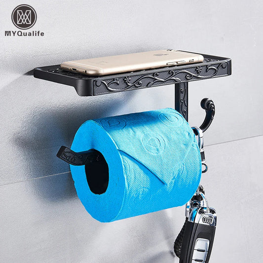 Black Toilet Paper Holder with Phone Rack: Wall-Mounted Aluminum Bathroom Storage