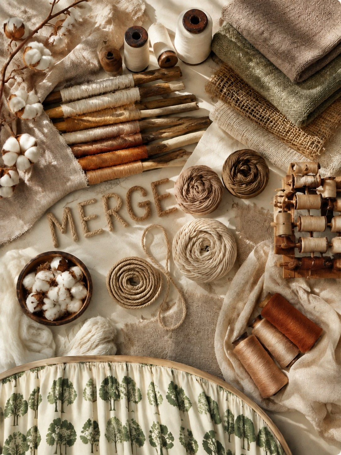 Fabric material study showing cotton, linen, woven fibres and thread textures