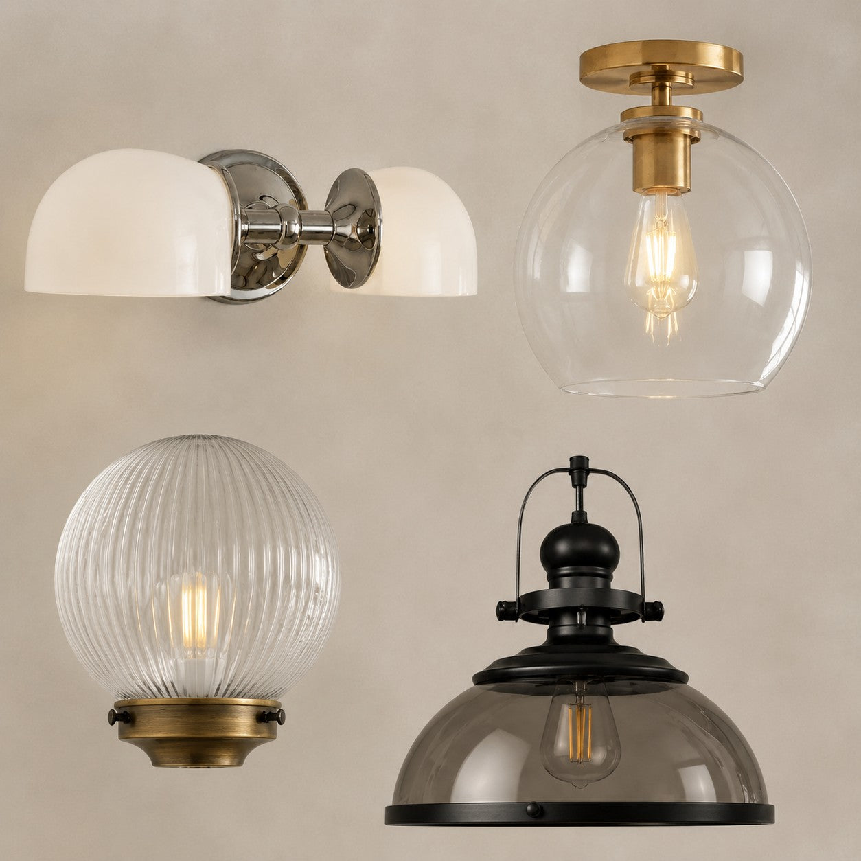 Metal and glass lighting in brass, nickel and black finishes