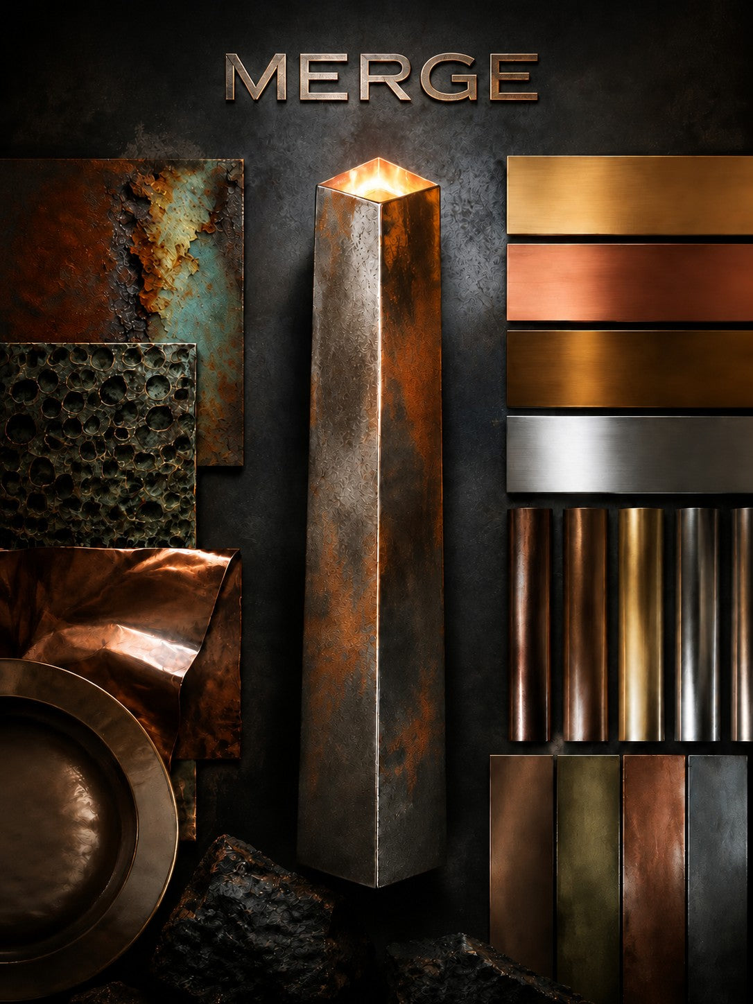 Metal material study showing brass, copper, bronze, nickel and textured finishes