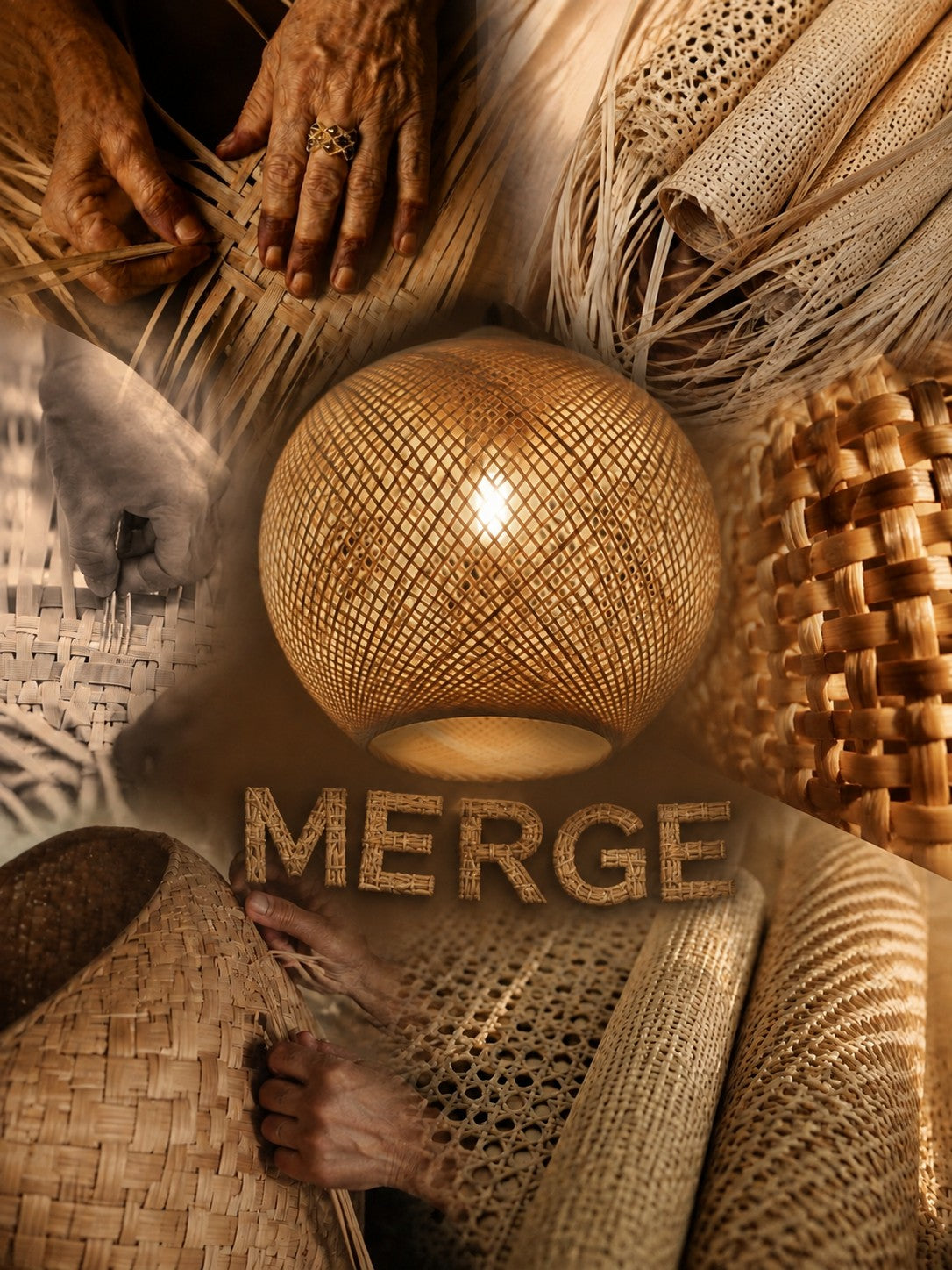 Rattan material study showing hand weaving, cane strands and woven lighting structure