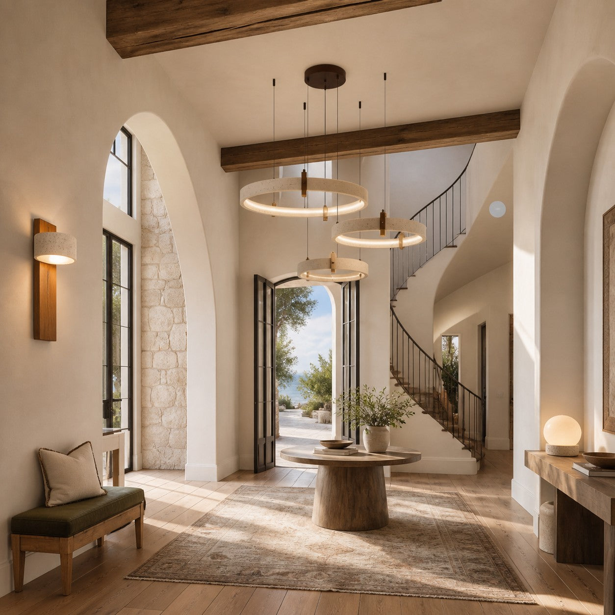 Contemporary entryway illuminated by travertine lighting