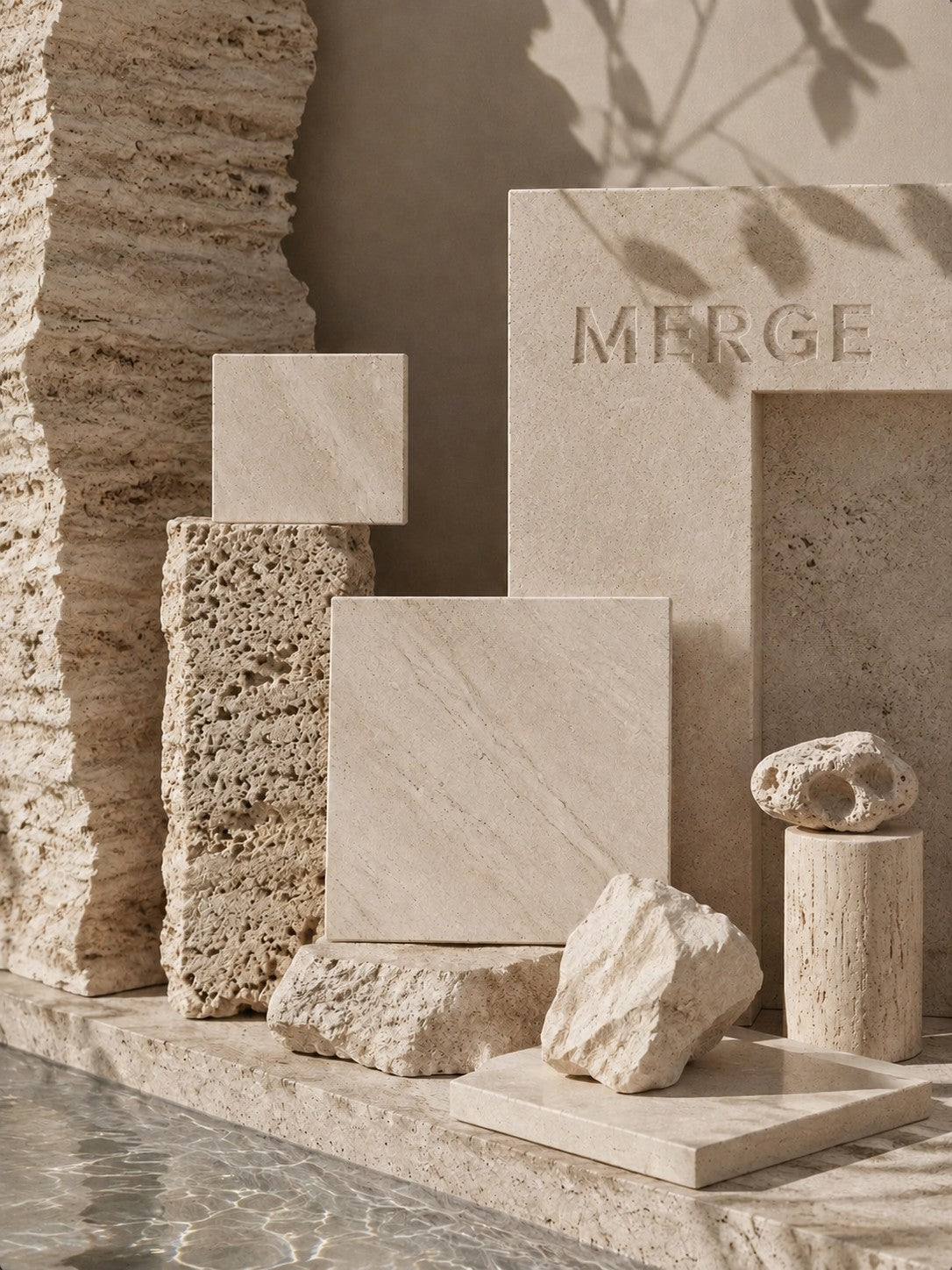 Travertine material study showing natural pores, banding and surface variation