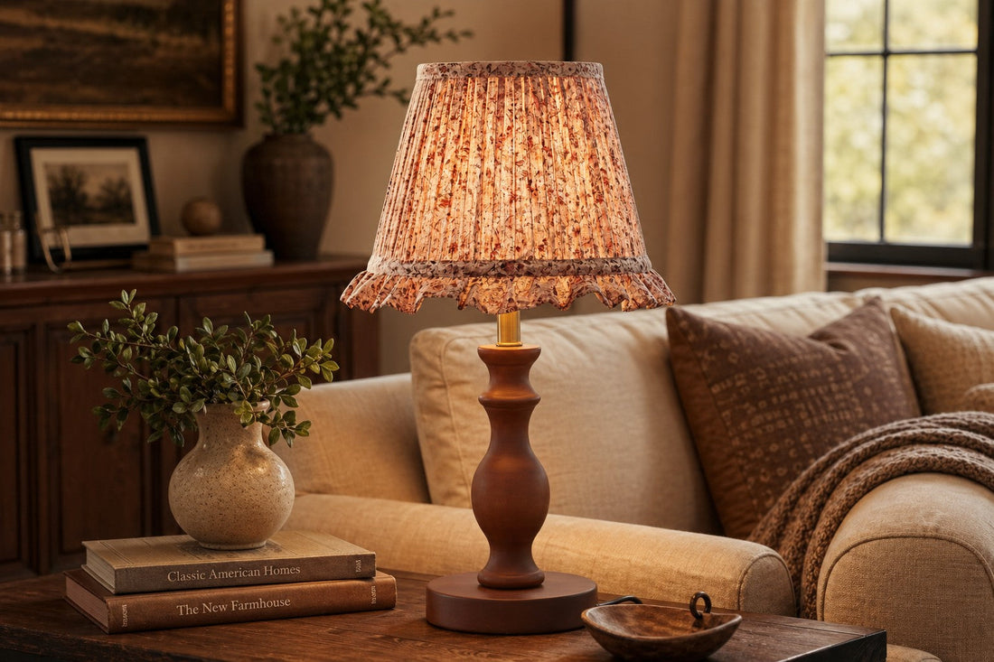 Neutral fabric lamp adding warmth and texture to a bedroom