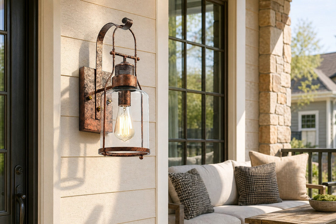 Rustic lighting in a dining room with industrial style metal fixtures