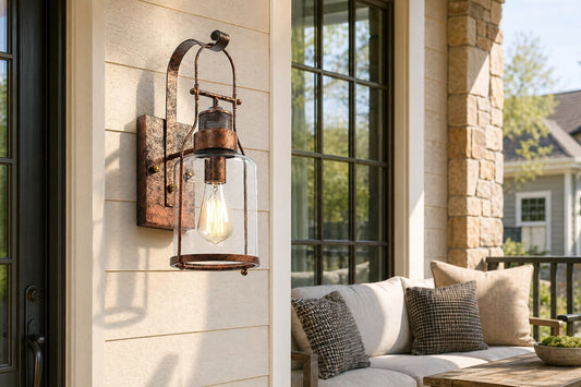 Rustic lighting in a dining room with industrial style metal fixtures