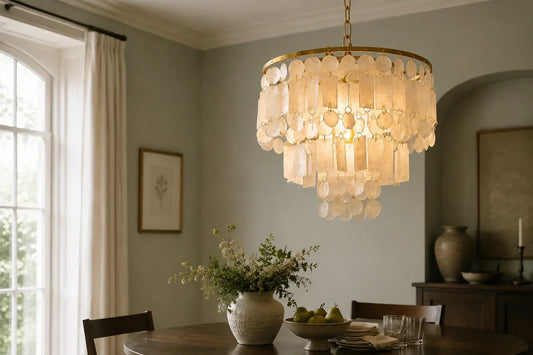 Capiz shell chandelier in a pale sage dining room