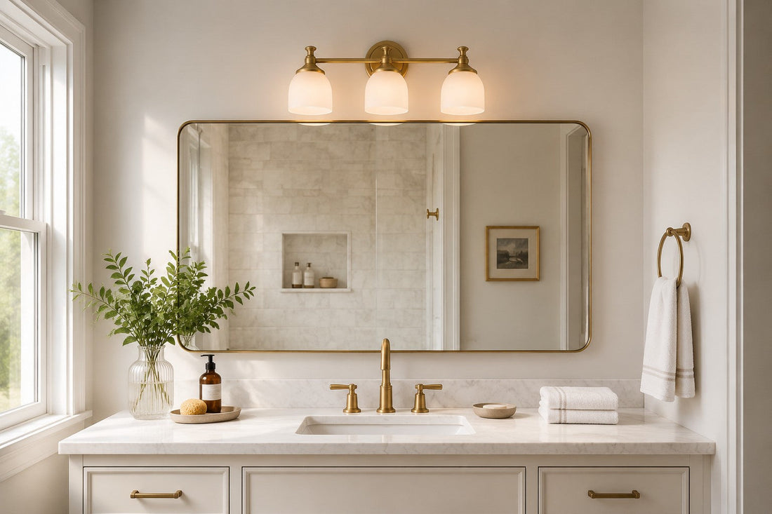 A bright Modern American bathroom vanity with well-proportioned brass light fixtures illuminating a marble countertop.