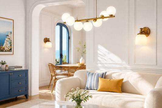 An inspirational home entryway showcasing the strategic spatial layout of milk glass light fixtures.