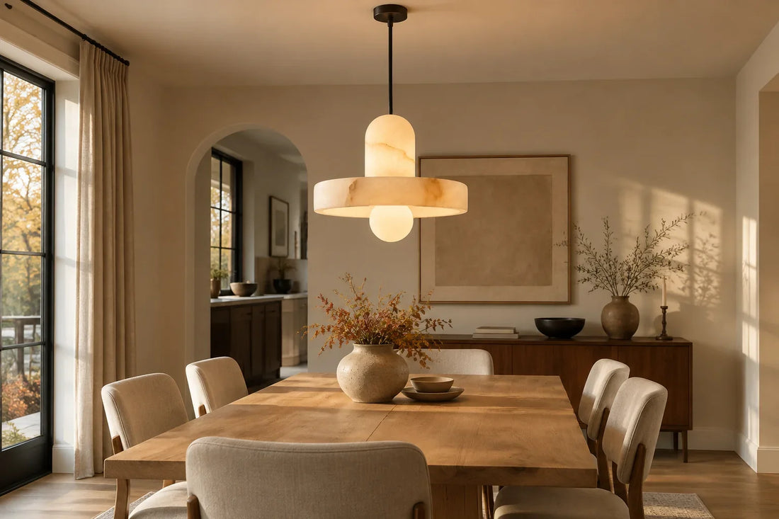 Wide editorial dining room scene with a naturally veined alabaster chandelier