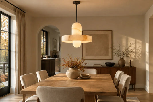 Wide editorial dining room scene with a naturally veined alabaster chandelier