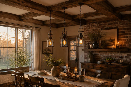 Rustic industrial style metal pendant light hanging in a warm American farmhouse dining room.
