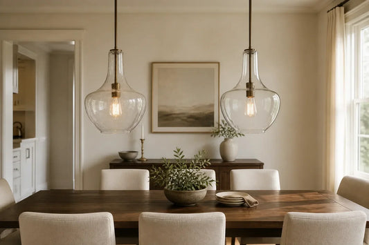 Matching seeded glass and clear glass pendant lights above a dining table