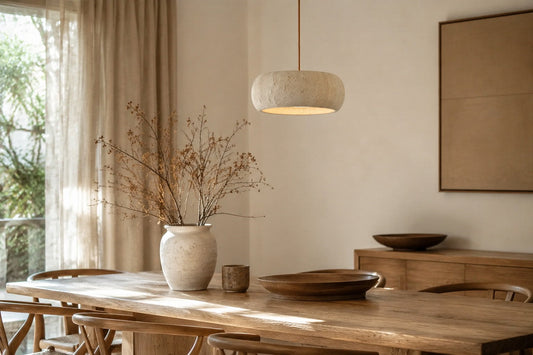 A beautifully designed modern organic dining room featuring a sculptural natural travertine light fixture casting a warm glow over a wooden table.
