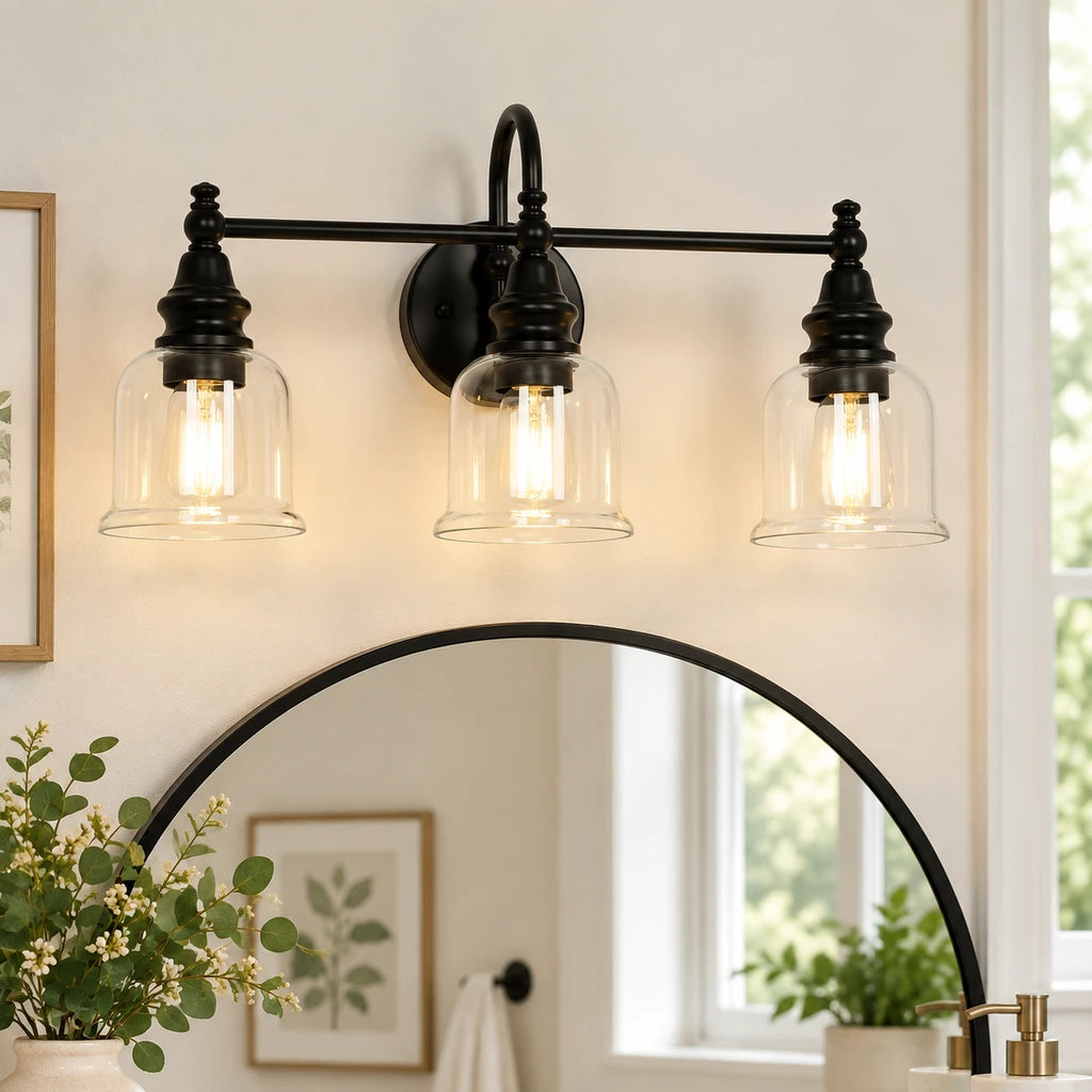 Aurelia Black clear bell glass vanity light installed hero