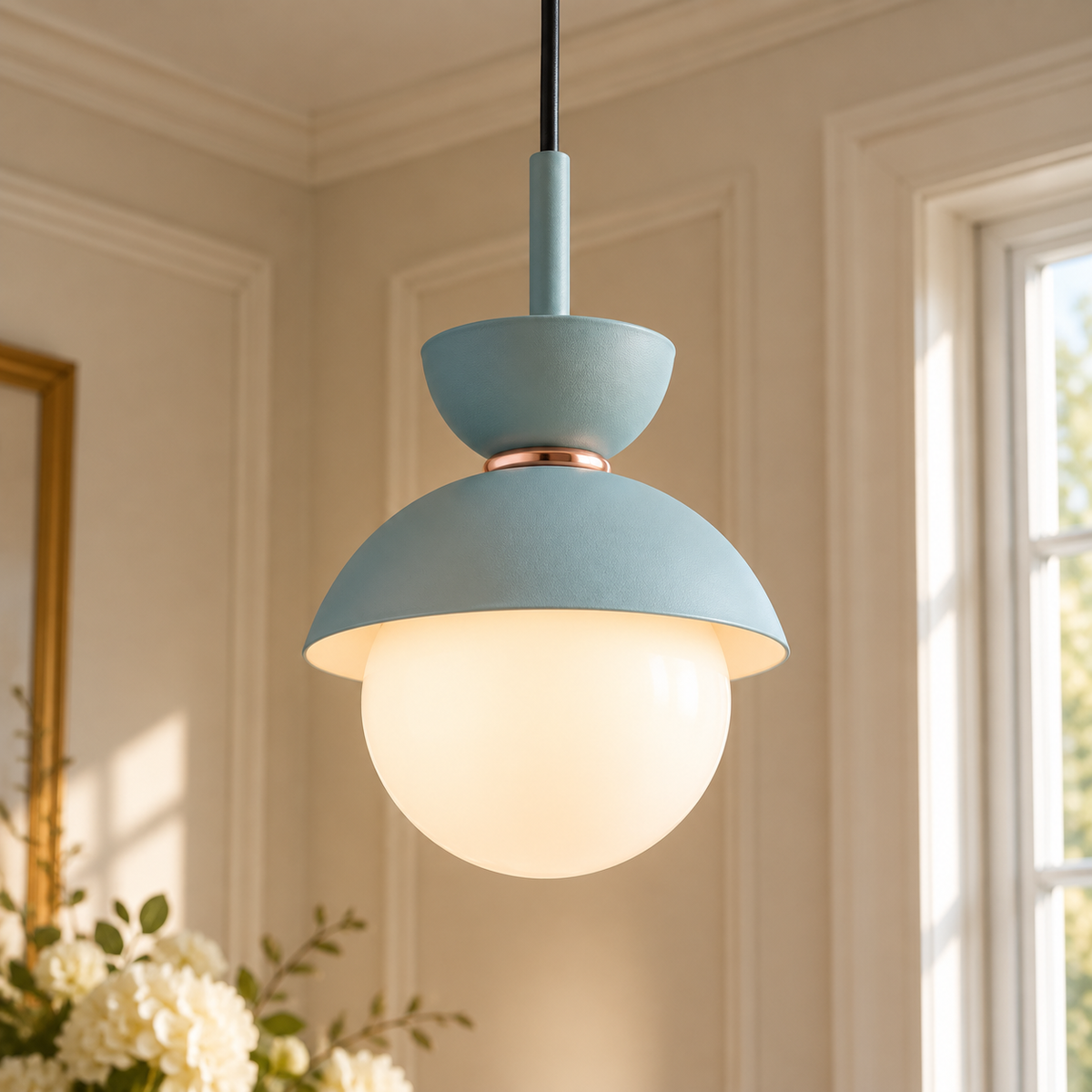 Light blue Zosia globe pendant light installed in a bright dining nook