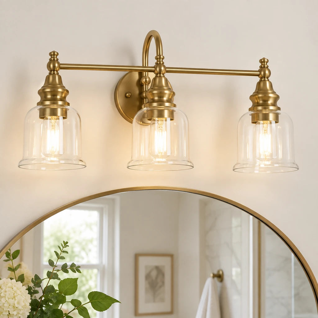 Aurelia Brass clear bell glass vanity light installed hero