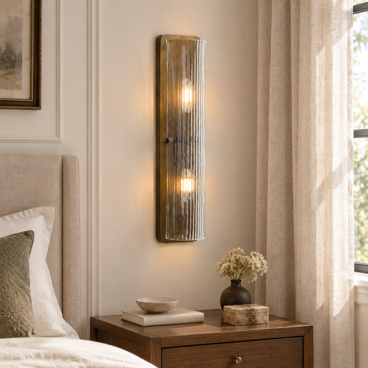 Kiera clear reeded glass sconce above a bedside table