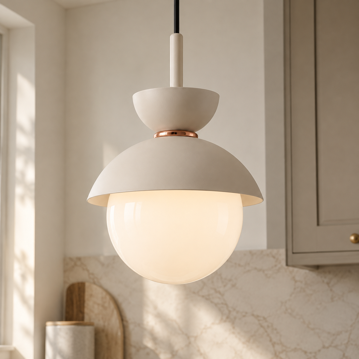 Off-white Zosia globe pendant light installed in a modern kitchen