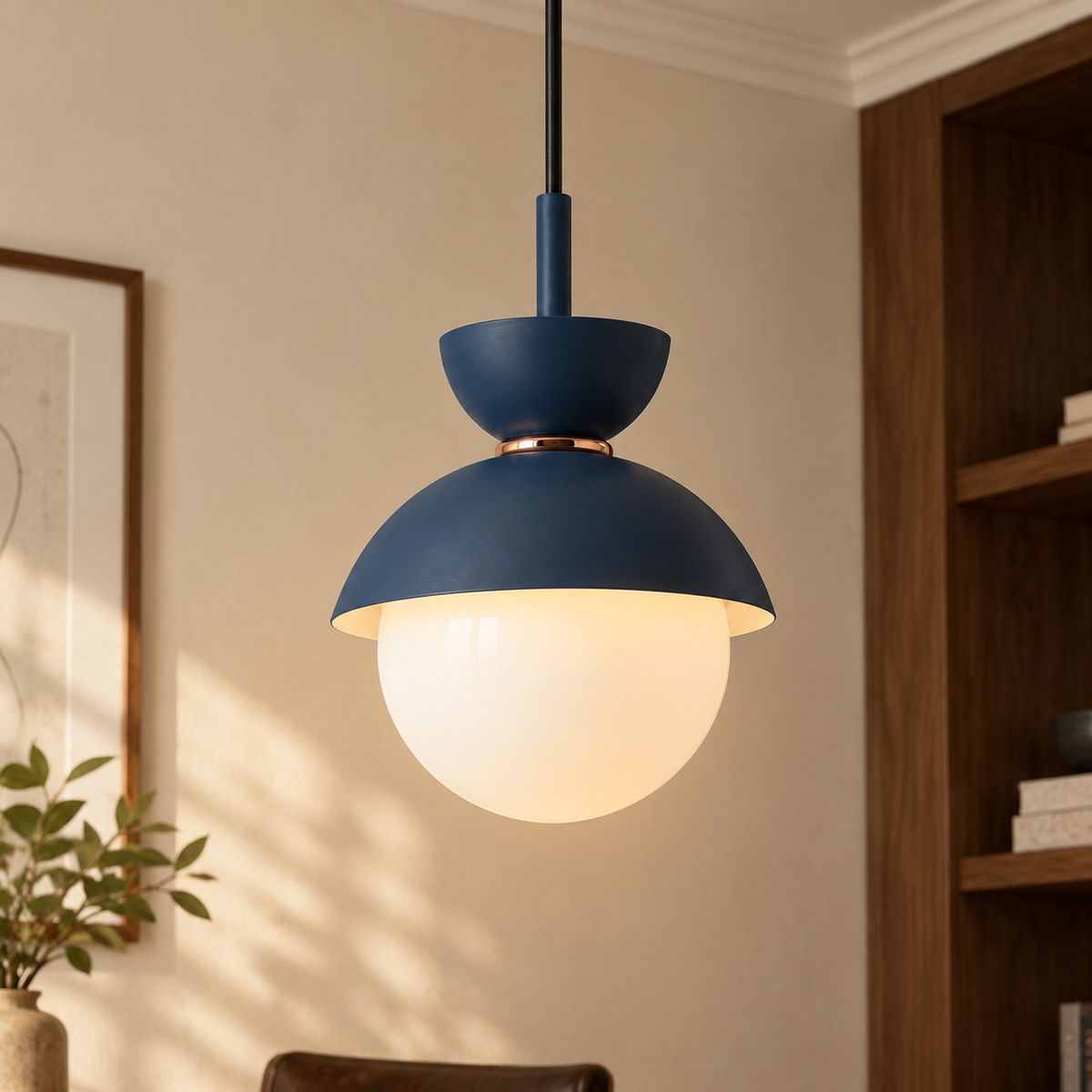 Navy blue Zosia globe pendant light installed in a refined home office