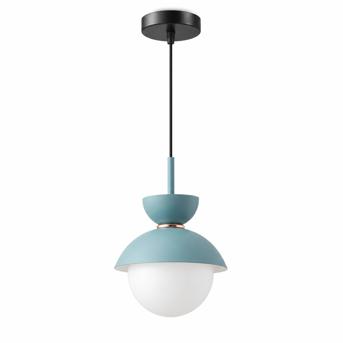 Light blue Zosia metal and opal glass pendant on white background