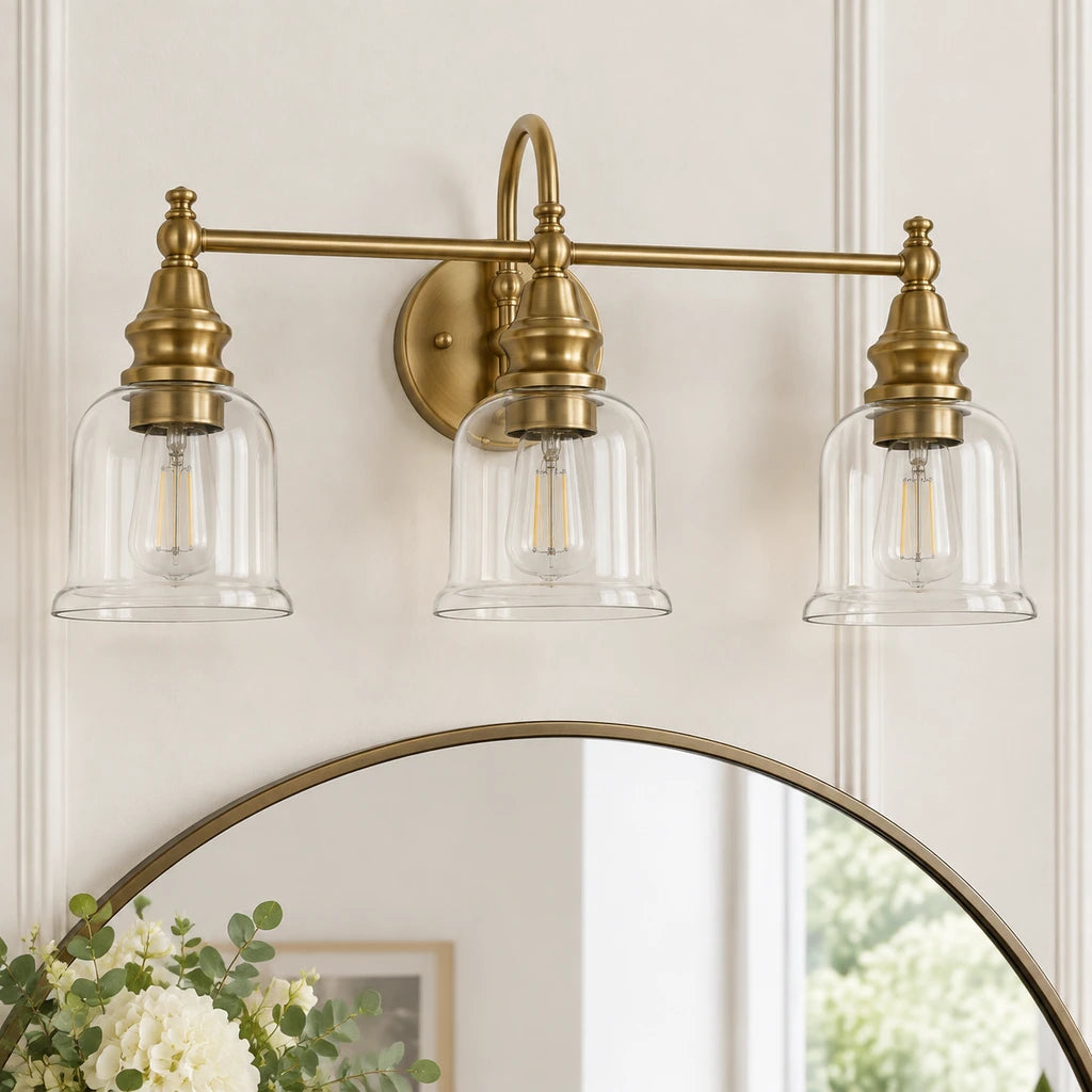 Aurelia Brass clear glass vanity light close view